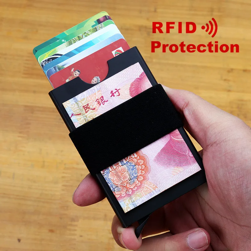 

2019 New Aluminum Mini Card Holder RFID Blocking Wallet Pop Up Metal Men Credit ID Card Case Small Slim Purse with Elastic Band