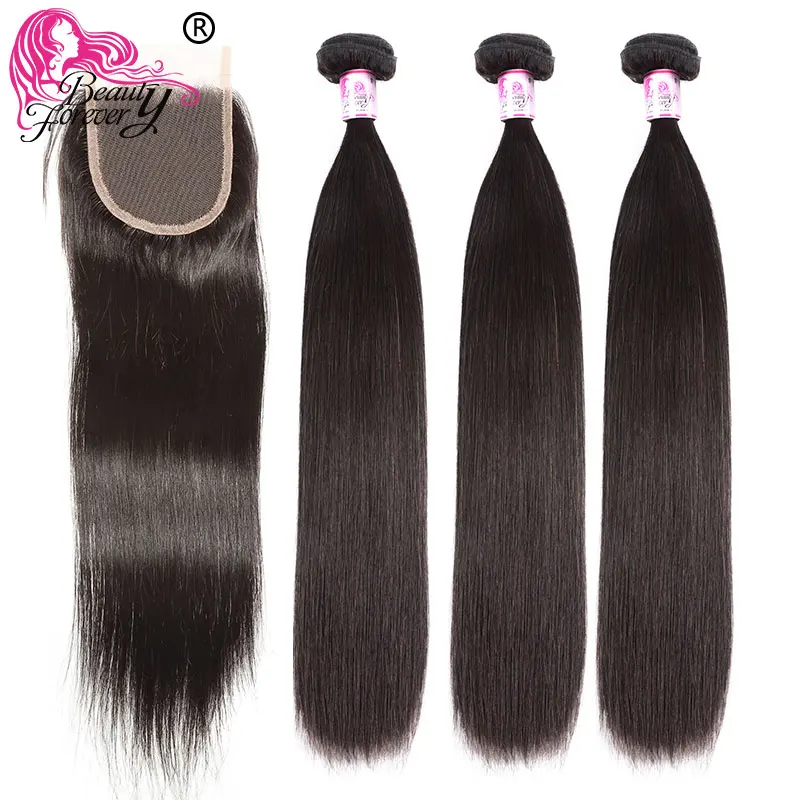

Beauty Forever Straight Malaysian Human Hair Bundles With Closure 4*4 Free/Middle/Three Part Remy Hair Extension Natural Color