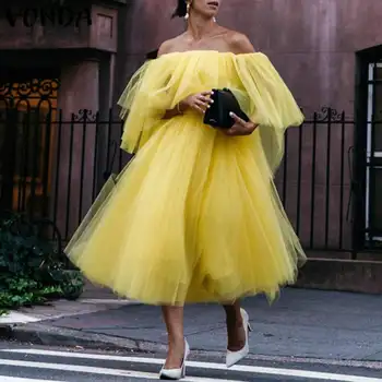 

VONDA Summer Dress Women Sexy Off The Shouler Mesh Party Dress Bohemian Sundress Female Casual Loose Vestidos Plus Size S-5XL