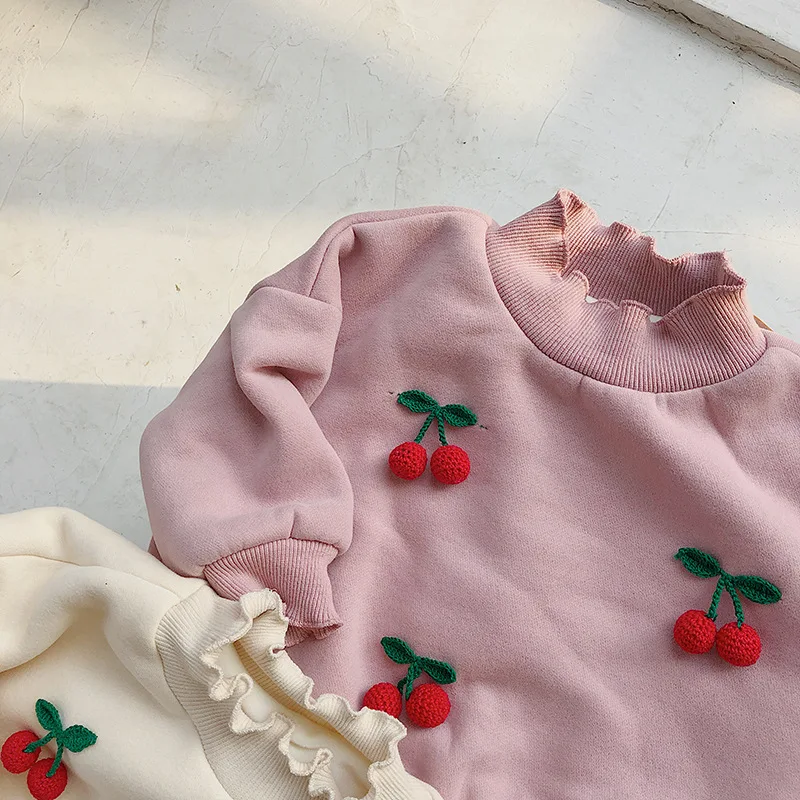 New Winter Cute Toddler Girls Three-dimensional Cherry Cartoon Shirt Clothing Baby Girl Velvet High Collar Hoodies Tops Outfit