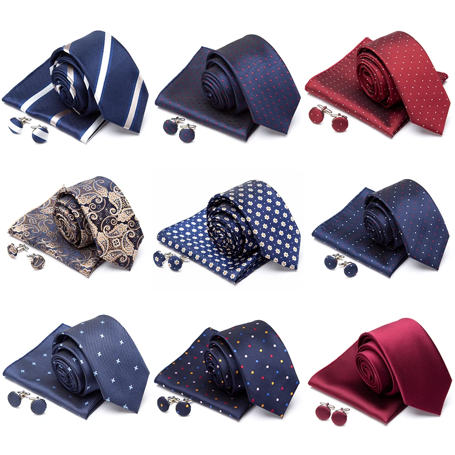 Mens Tie Cravat Cufflinks Set Necktie Fashion Stripe Jacquard Ties for Men Party Man Gift Wedding Dress Handkerchief Accessories