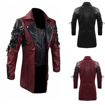 

2019 New Men Steampunk Gothic Faux Leather Jacket Turn-down Collar Motorcycle Jackets Zipper Closure Autumn Male PU Leather Coat