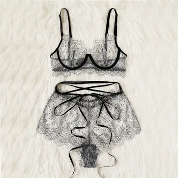 

2Pcs Ladies Women Lace Sexy Lingerie Underwear Nightwear Bodysuit Erotic Perspective See-through Bra G-string Sleepwear Sets