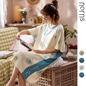 

Norns Night Skirt Women's Thin Dresses Summer Mid-Long Short Sleeve Large Size Women's Pajamas