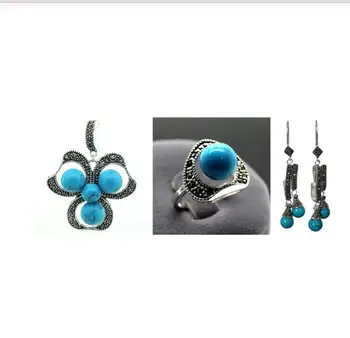 

Vintage Blue Turquoise 925 Sterling Silver Marcasite Ring (#7-10) pendant and earrings sets