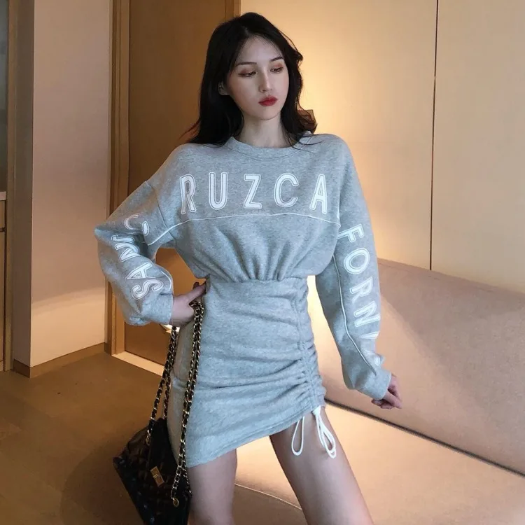 

Photo Shoot 2019 Winter Korean-style Lettered Printing plus Velvet Pleated Drawstring Hoodie Skirt Women's Casual Long-sleeved D