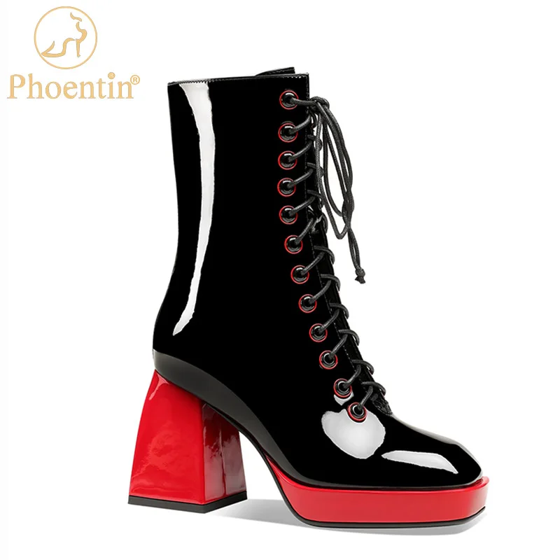 Red Boot Platform-Shoes Square Toe High-Heel Real-Leather Womens Phoentin Cross-Tied