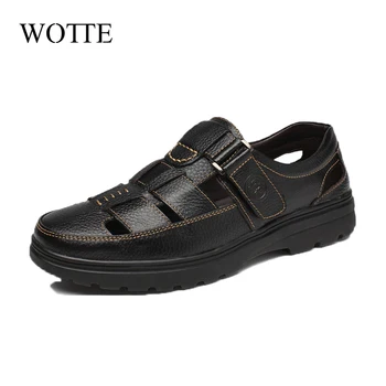 

WOTTE High Quality Men's Sandals Genuine Leather Man Shoes Soft Business Sandals Men Casual Daddy Flat Shoes buty meskie