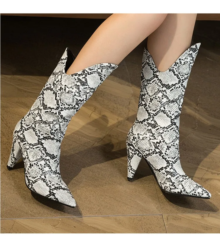 Snake Skin Pu Spike Heels Mid-Calf Boots Women High Heels Booties Female Party Shoes Ladies Pointed Toe Shoes Women Winter