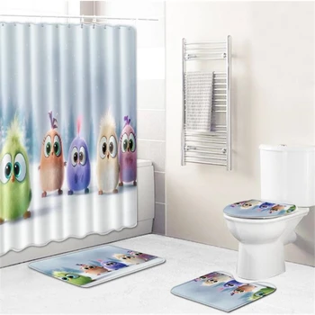 

4 Pcs/Set Cartoon shower curtain Toilet Pad Cover Bath Rug Mat fabric Animal 3d shower waterproof bathroom curtain Sets Hooks