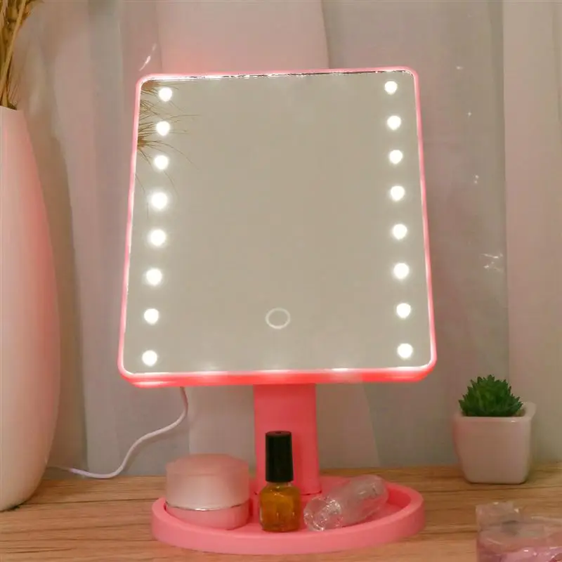 16/22 светодиодов настольное косметическое зеркало USB сенсорный экран затемняемые зеркала для макияжа с лотком для хранения(розовый