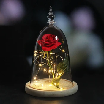 

Beauty And The Beast Rose In Glass Dome On A Wooden Base For Valentine's Gifts LED Rose Lamps Christmas Decorations For Home
