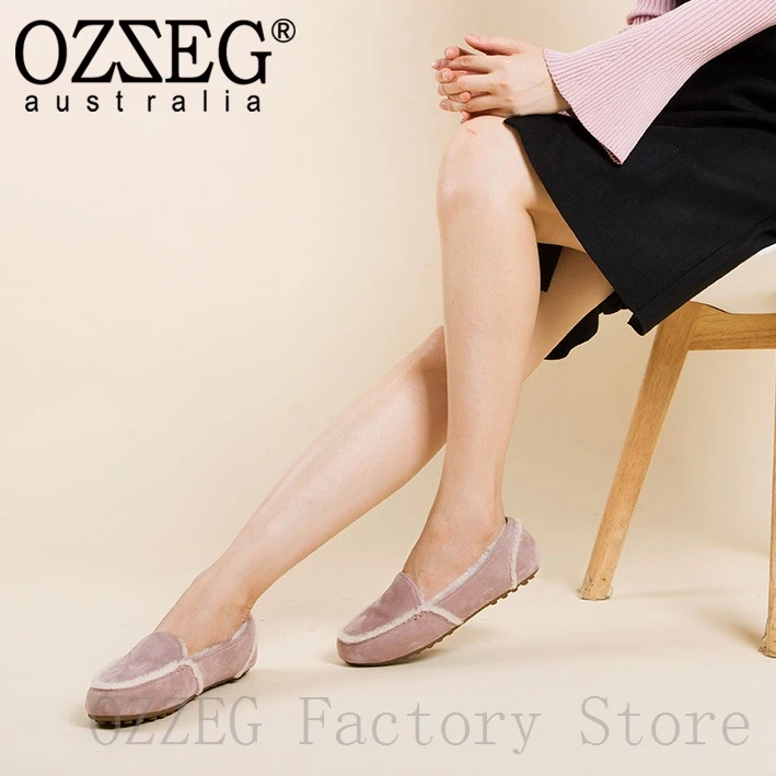 OZZEG/Роскошная брендовая дизайнерская обувь; женские зимние лоферы из натуральной кожи на плоской подошве с австралийским овечьим мехом; женская обувь; цвет розовый, коричневый, серый, кофейный