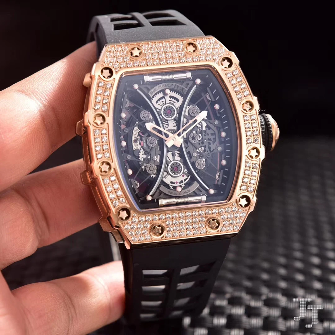 

Brand New Black Rubber Men Watch Sapphire Automatic Mechanical Rose Gold Red Blue Tourbillion Full Iced Diamonds 904L Steel