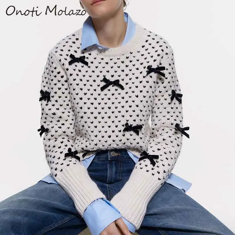 Onoti Molazo Knitted Pullovers Sweater Women Casual Winter Heart Pattern Bow Ladies Sweaters Femme 2019 New Fashion | Женская одежда