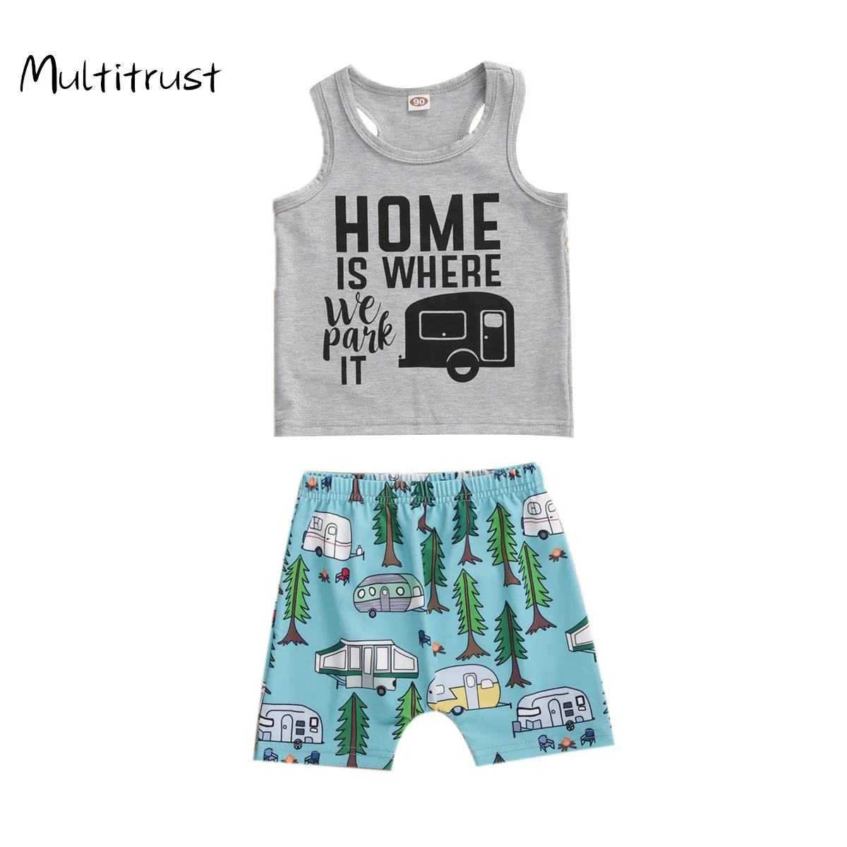 

Kids 2 PCS Outfit Set Letter Car Pattern Sleeveless Round Neck Short Trees Cars Pattern Pleated Elastic Band Pants Set