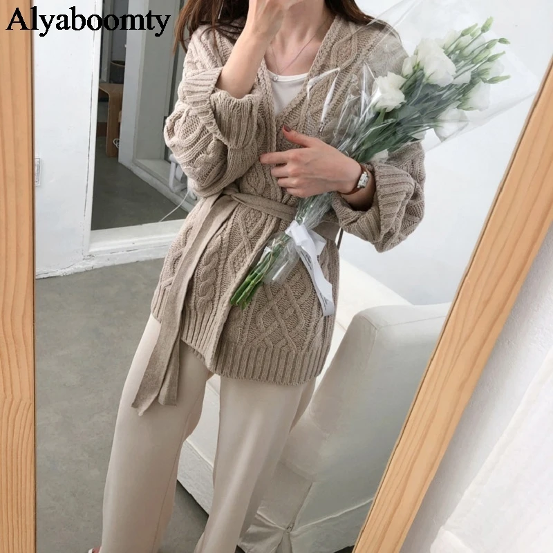 New Korean Style Autumn Winter Women Sweater Ulzzang Oversized V Neck Knitted Cardigan Thick Warm Loose Elegant Bandage Overcoat