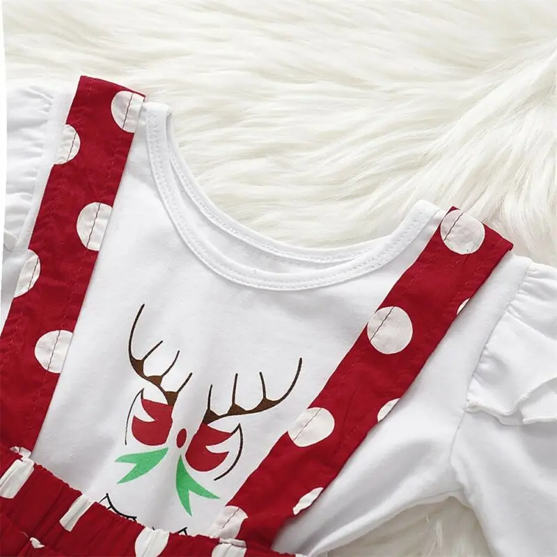 Рождественские комплекты одежды для маленьких девочек, От 1 до 5 лет Футболка с принтом животных, платье в горошек, Рождественская одежда на бретелях