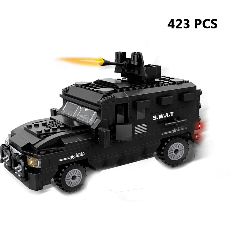 Building Bricks Toy Model Kits Military Hawk SWAT Helicopter Armored Car Warship 