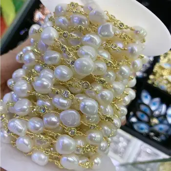 

5Metre Gold Color Connectors Irregular Pearl Beads Chains,Natural Fresh Water Pearl Beaded Cubic Zircon Rosary Chains Findings