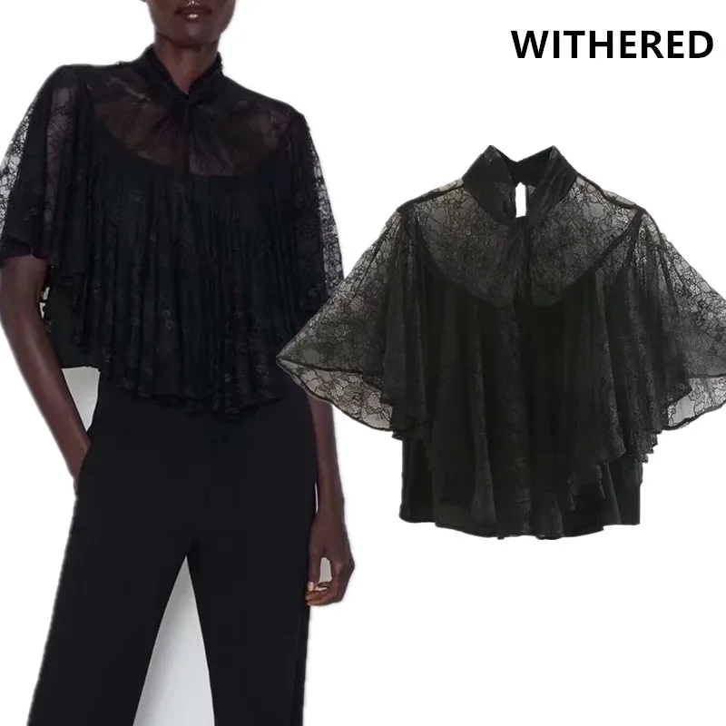 Увядшие blusas mujer de moda Англия городские винтажные расклешенные рукава кружевная подкладка кимоно блузка женские топы и блузки