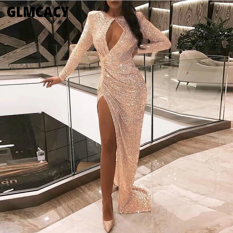 Для женщин блестками вырезать грудь высокий разрез Ruched Bodycon платье длиной до пола элегантный ночное Клубное вечерние тонкий Vestido - Цвет: Шампанское