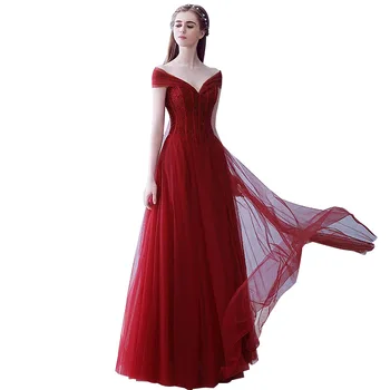 

Skyyue Elegant Vestidos R203 Burgundy A-Line Formal Evening Dress V-Neck Off The Shoulder Robe De Soiree Beading Long Dress