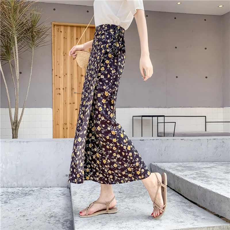 

2019 New Fashion Women High Waist Floral Skirt Elegant Midi Long Skirts Wrap Dots Chiffon Skirt Korean