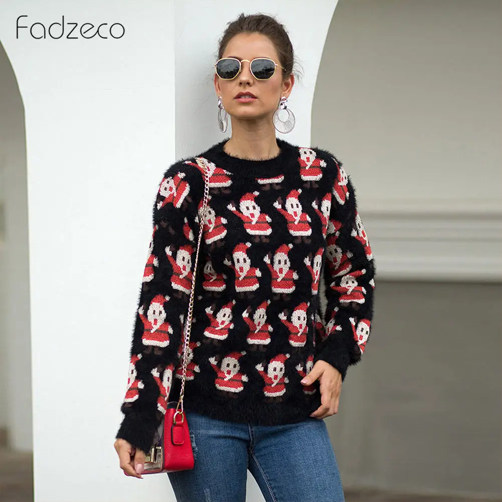 

Fadzeco Women Knitted Christmas Sweater Winter Autumn Round Neck Long Sleeve Jumpers Casual Snowman Printed Pullover Tops