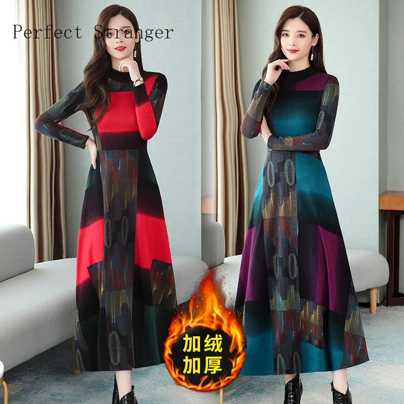 2020 Autumn Winter New Arrival High Quality Plus Size M-3XL Stand Collar Thicken Brushed Color Block Women Long Dress