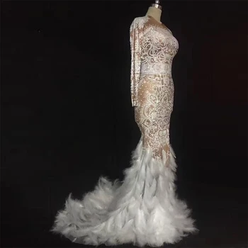 

Female Manual Full Glisten Crystals Long Sleeve Feather Dress Outfits Singer Host Stage Show Maxi Floor Length Dress for Women