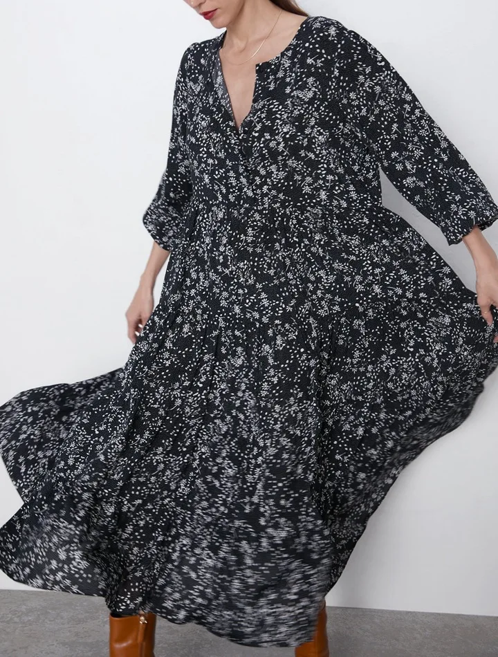 QZ471 Новое поступление осеннее модное черное платье с цветочным принтом и длинным рукавом, свободное женское платье, подходящее ко всему, Vestidos