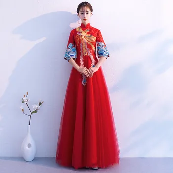 

New Long Evening Party Dress Embroidery Phoenix Mesh Qipao Classic Women Half Sleeve Red Bride Wedding Dress Elegant Cheongsam