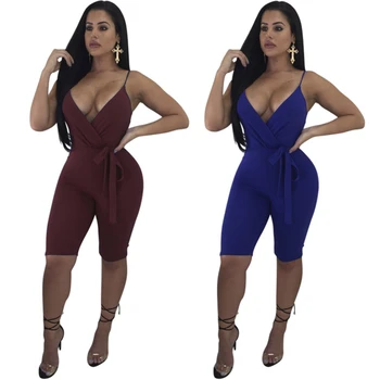 

Women Jumpsuits Solid Color Spaghetti Strap Bandage V-Neck Knee Length Rompers Sexy Casual Club Fashion Jumpsuit Ladies Playsuit