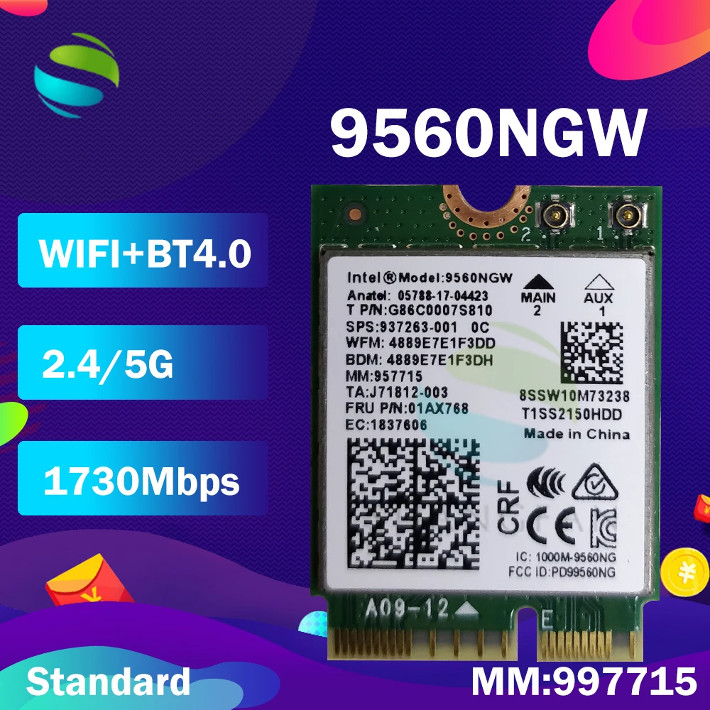 Wi-Fi-карта для Intel Dual Band AC 9560 9560NGW 3165AC 8260AC 9260AC NGFF Key E 80211ac беспроводная карта |