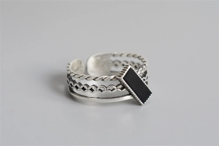 Новое поступление, горячая Распродажа 925 цельное серебряное Винтажное кольцо Двухслойное Ретро Черное глазурованное прямоугольное Регулируемое Кольцо классный подарок