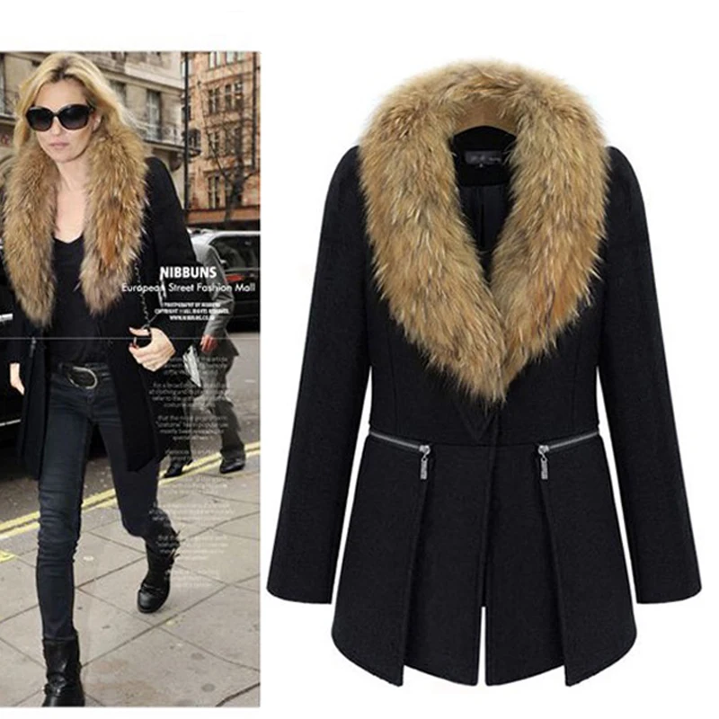 Искусственный меховой воротник шерстяной пальто для женщин плюс размер 5XL зимнее теплое элегантное дамское черное модное повседневное пальто для девочек