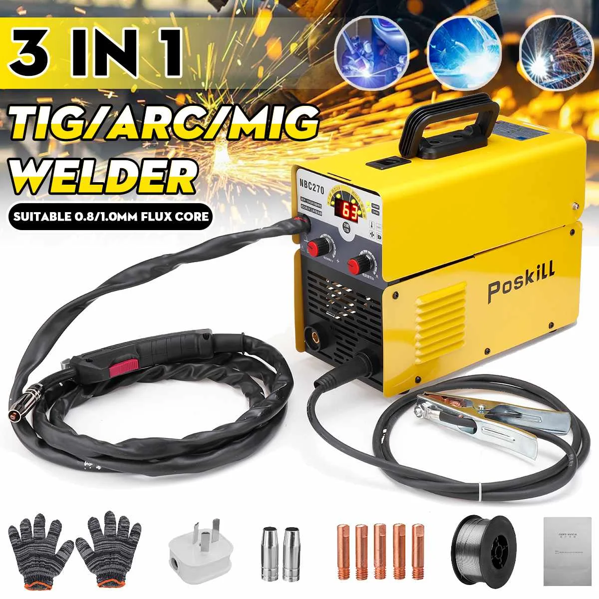 

3 in 1 MIG ARC TIG Welding Machine Portable Welder Welding Machine Inverter 220V Synergic 1kg Gasless 0.8/1.0 Flux Core ARC TIG