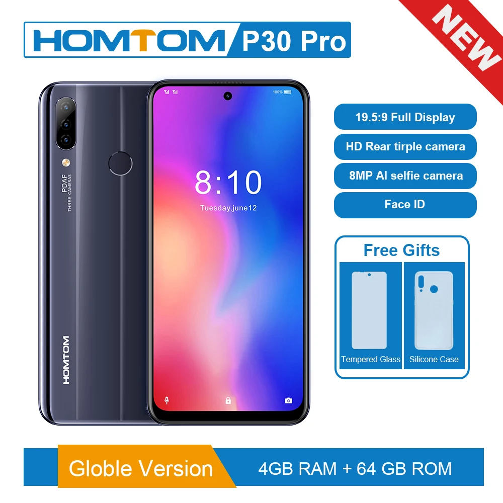 Оригинальная версия HOMTOM P30 pro 6,41 дюймов Android 9,0 мобильный телефон MT6763 Восьмиядерный 4 Гб 64 Гб задняя 13 МП Тройная камера смартфон