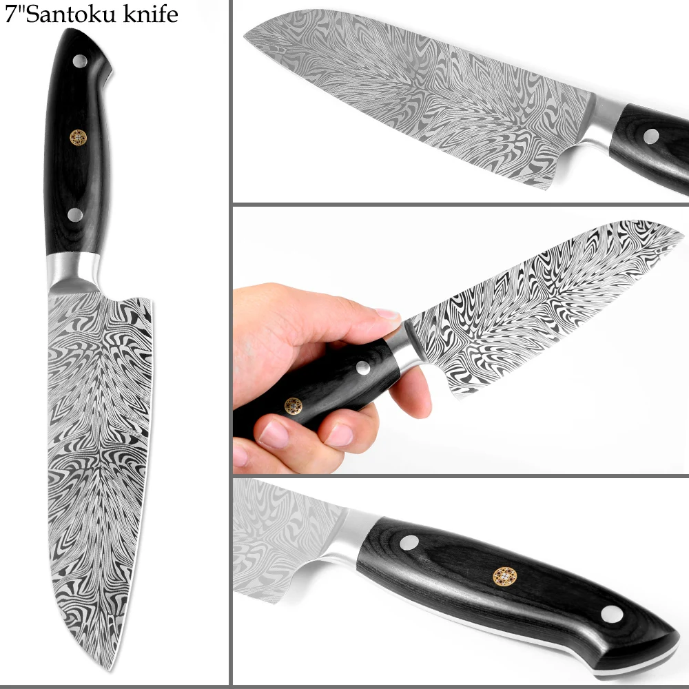 New High quality Damascus Feather Pattern Knife Chef Knives Laser Damascus steel Santoku kitchen Knives Sharp Cleaver Slicing