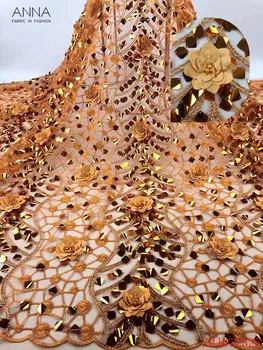 

Anna fashionable african 3d applique lace french sequins fabric embroidery with beads 5 yards/pcs nigerian net lace tulle fabric