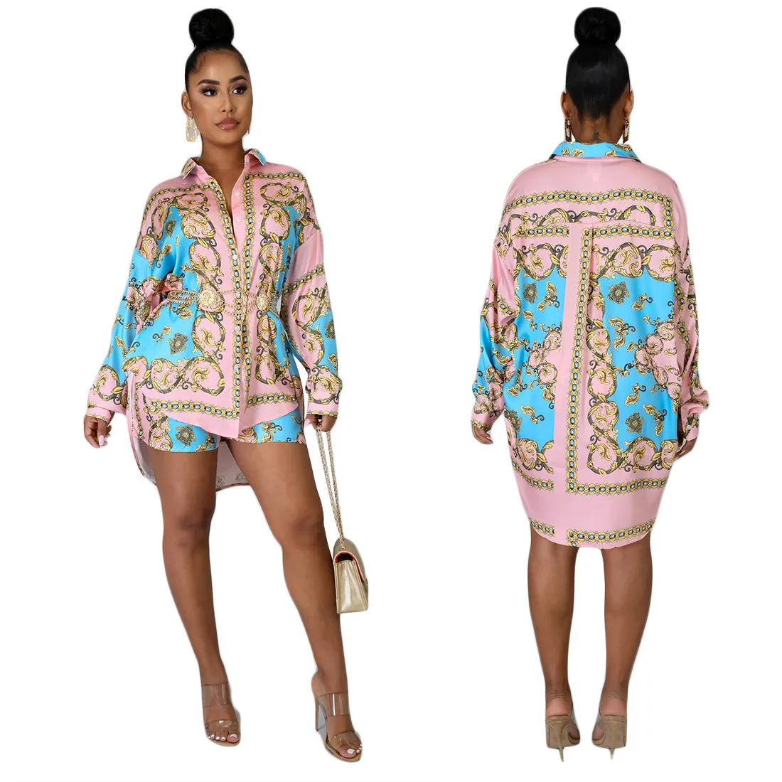 Blouses Two Piece Suit African Dashiki New Fashion Women Single Breasted Long Sleeve Cardigan Shorts Casual Suit Spring Summer