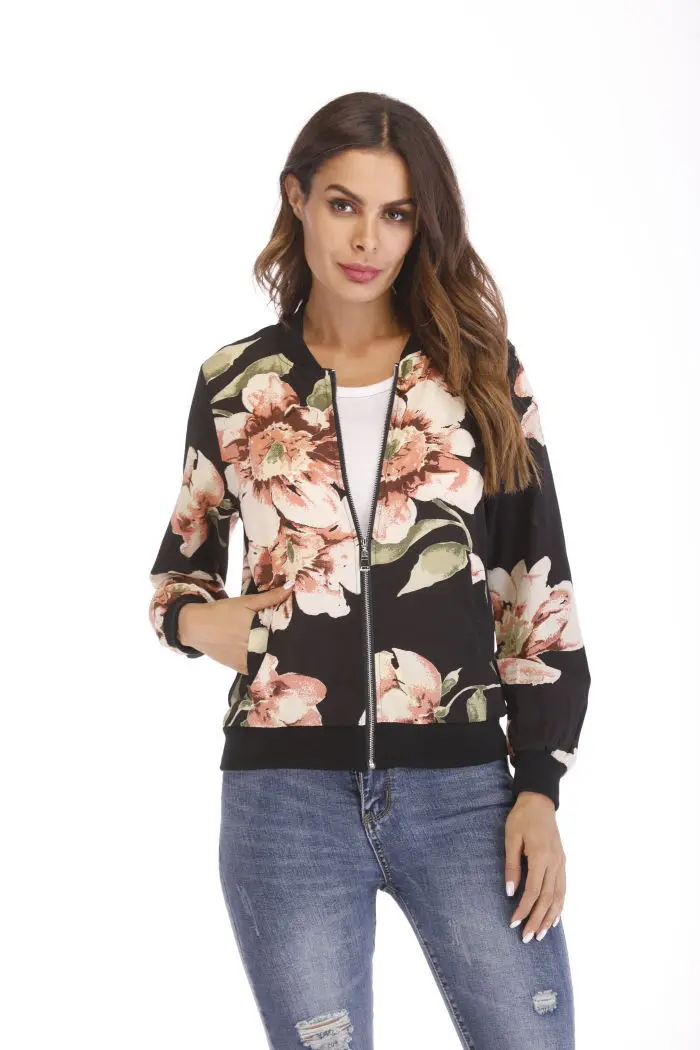 

2018 Chiffon Floral Print Loose-Fit Zip Jacket