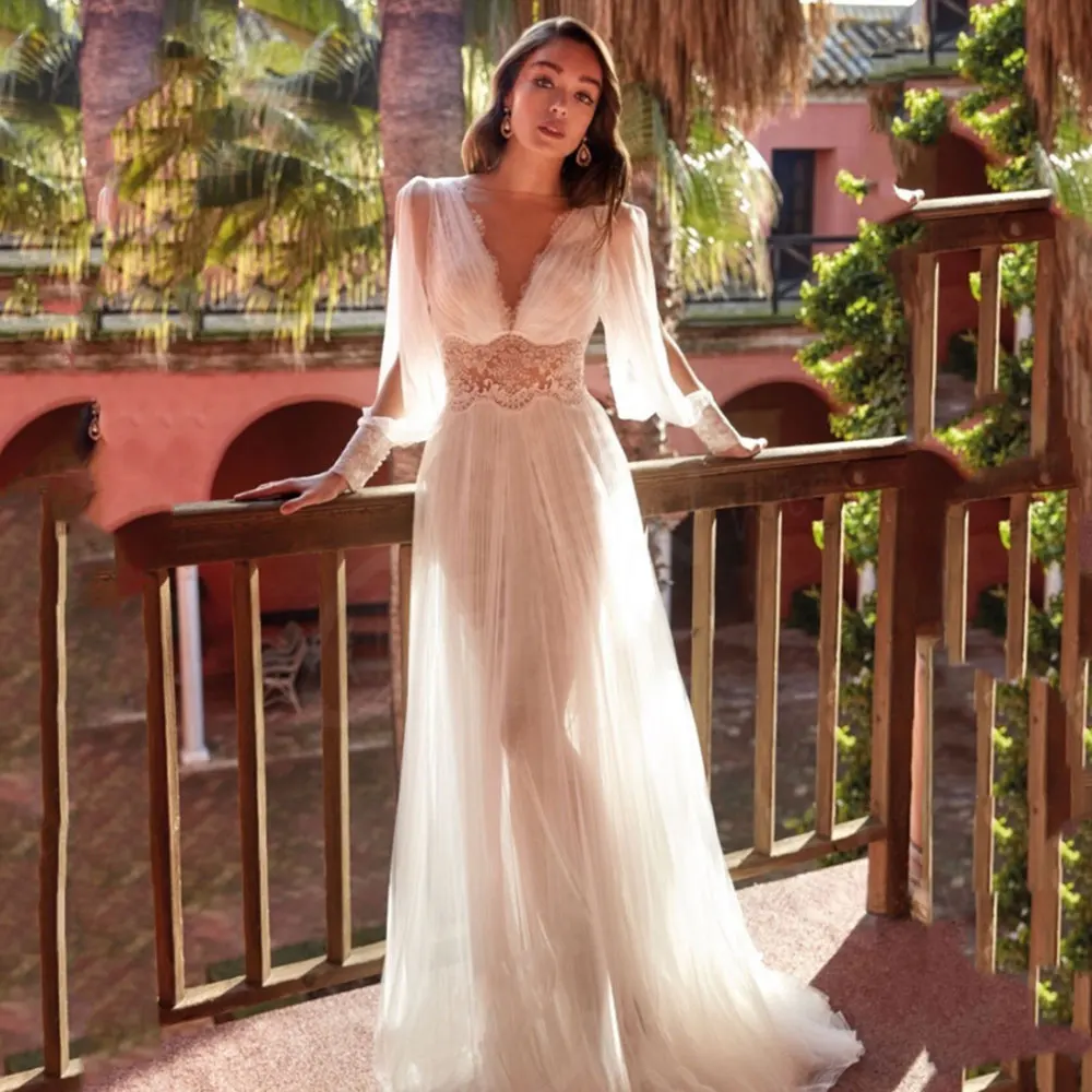

Aviana Deep V-neck Lace Boho Wedding Dresses Crafted Soft Tulle Draped Bodice Lace Bridal Gowns Cut Out Puff Sleeve Bride Dress