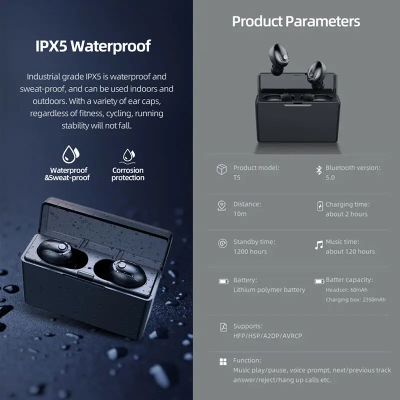 TWS Bluetooth Wireless Earphone 5 0 Earbuds Waterproof Stereo Music Headset 3500mAh Power Bankfor IOS Android