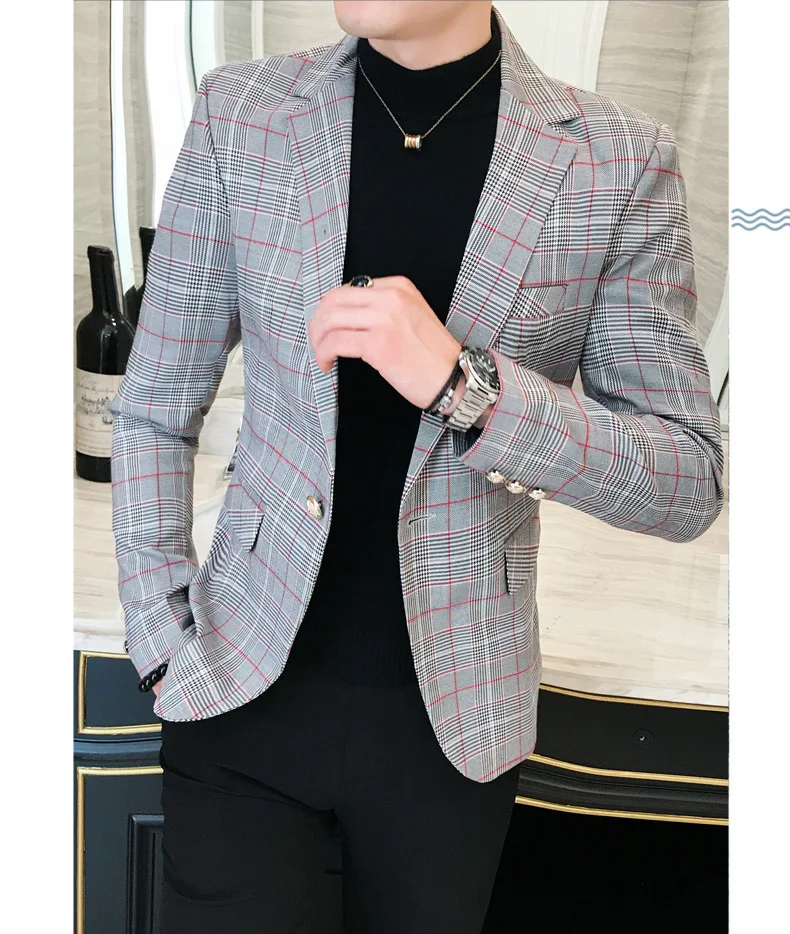 Осенние серые клетчатые блейзеры мужской костюм Slim Fit бизнес Veste Homme костюм Vestidos De Novia Мужская офисная куртка в клетку