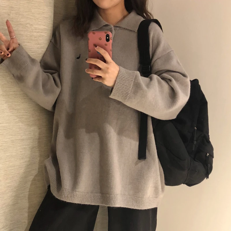 

New Fashion Instagram Loose Women Knitted Pullover Polo Shirt Black Sweater Embroidery Long Sleeve Sweaters Autumn Winter 2019