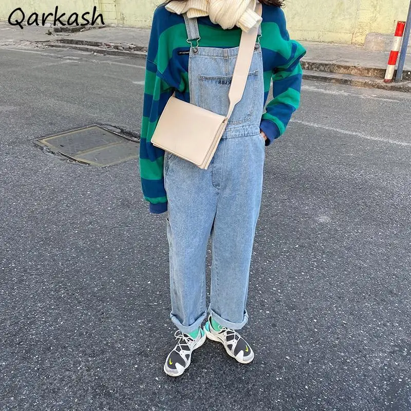 

Jumpsuits Women Denim Suspenders Wide-leg Fresh Blue Baggy All-match Jump Suits Students Korean Fashion Harajuku Chic Trousers