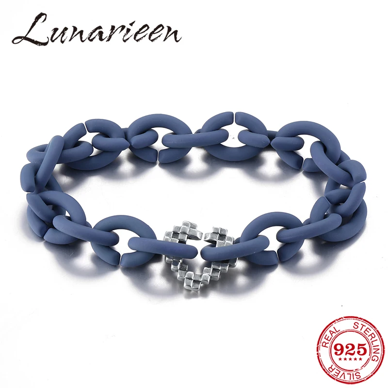 

Hip hop style Braided heart beads 925 Sterling Silver Charms Ocean Blue Hard Rubber X Bracelets For Women Men Jewellery Popular