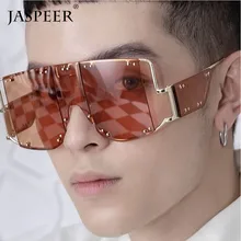 Новинка, квадратные, с заклепками, трендовые, негабаритные солнцезащитные очки для мужчин и женщин, фирменный дизайн, металлическая большая оправа, винтажные, черные, розовые, красные зеркальные очки